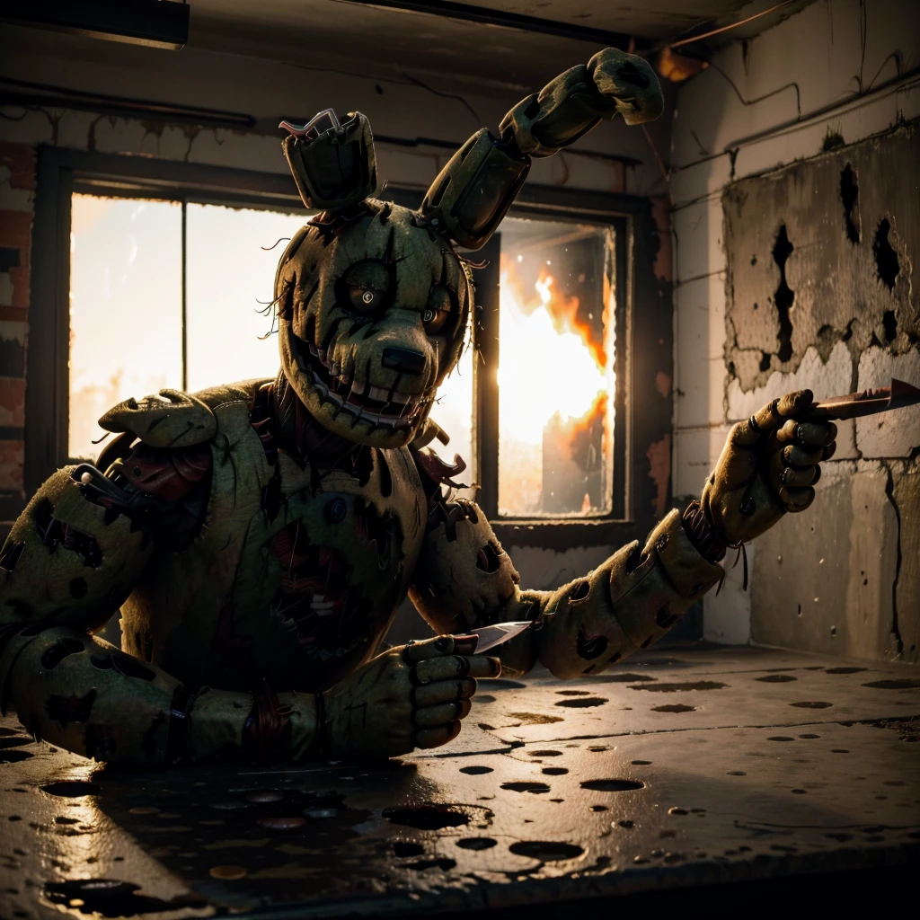 Springtrap, Five Nights at Freddys, staring at the viewer with a menacing gaze, holding a knife, inside a burning abandoned pizzeria, costume being burned