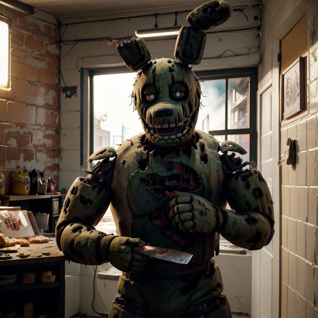 Springtrap, Five Nights at Freddys, staring at the viewer with a menacing gaze, holding a knife, inside a burning abandoned pizzeria, costume being burned