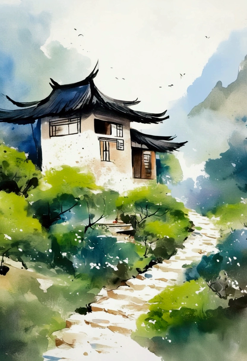 Sky占比2/3.Chinese Ink Painting Sketch:Peaceful and Freehand,artistic conception:2.Dot,A thatched cottage on a winding path,Minimalism,White background。(((Negative Space:2,Large area of blank:2, Bottom left corner composition)))。niji6 style