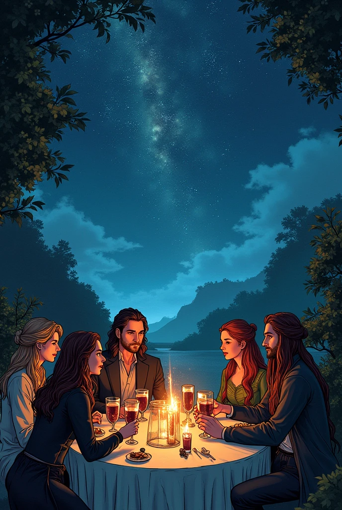 Create a comic strip about ACOTAR, focusing on the scene where they toast to the stars that listen and the dreams that are answered. Minimum 8 panels.