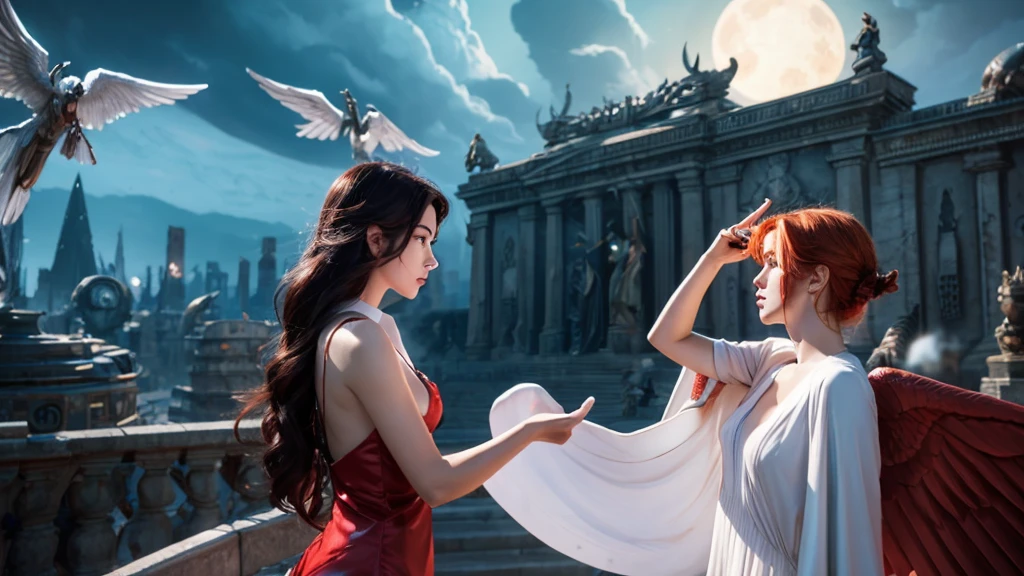 The image is a fantastic illustration showing a young man of 20 years of age in a contrasting space, with a blonde woman in the form of an angel with white wings and wearing a very modest long white dress. She is behind the central character on the right side, she seems to be speaking in his ear with an expression of pity and concern while pointing with her arms to the right side of the scene where it is possible to see clouds, marble structures, a bright sun and other angels. While on the left side is another woman, this time in the form of a succubus with red hair, a black dress with bat wings and a seductive and very sensual posture. She is also behind the central character, but on the left side and also speaks in his ear, but this time with a malicious expression on her face apparently trying to seduce the protagonist. She also points to the left, where the scene is flames, destroyed structures, a bright full moon and other evil beings. The central character appears to be calm, with his eyes closed and calmly holding his head trying to concentrate.