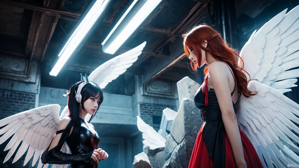 The image is a fantastic illustration showing a young man of 20 years of age in a contrasting space, with a blonde woman in the form of an angel with white wings and wearing a very modest long white dress. She is behind the central character on the right side, she seems to be speaking in his ear with an expression of pity and concern while pointing with her arms to the right side of the scene where it is possible to see clouds, marble structures, a bright sun and other angels. While on the left side is another woman, this time in the form of a succubus with red hair, a black dress with bat wings and a seductive and very sensual posture. She is also behind the central character, but on the left side and also speaks in his ear, but this time with a malicious expression on her face apparently trying to seduce the protagonist. She also points to the left, where the scene is flames, destroyed structures, a bright full moon and other evil beings. The central character appears to be calm, with his eyes closed and calmly holding his head trying to concentrate.