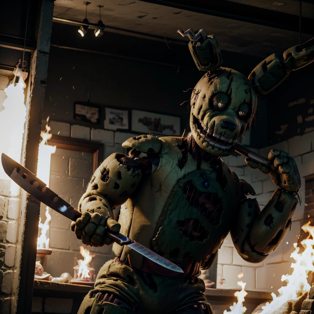 Springtrap, Five Nights at Freddys, staring at the viewer with a menacing gaze, holding a knife, inside a burning abandoned pizzeria, costume being burned