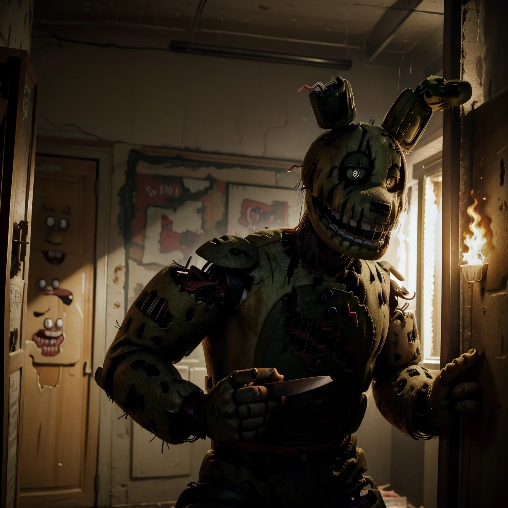 Springtrap, Five Nights at Freddys, staring at the viewer with a menacing gaze, holding a knife, inside a burning abandoned pizzeria, costume being burned