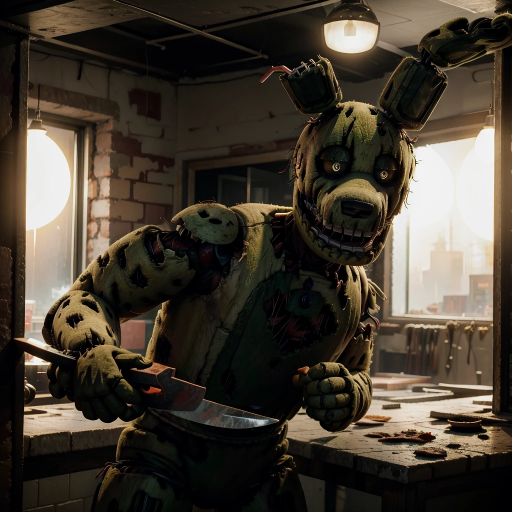 Springtrap, Five Nights at Freddys, staring at the viewer with a menacing gaze, holding a knife, inside a burning abandoned pizzeria, costume being burned