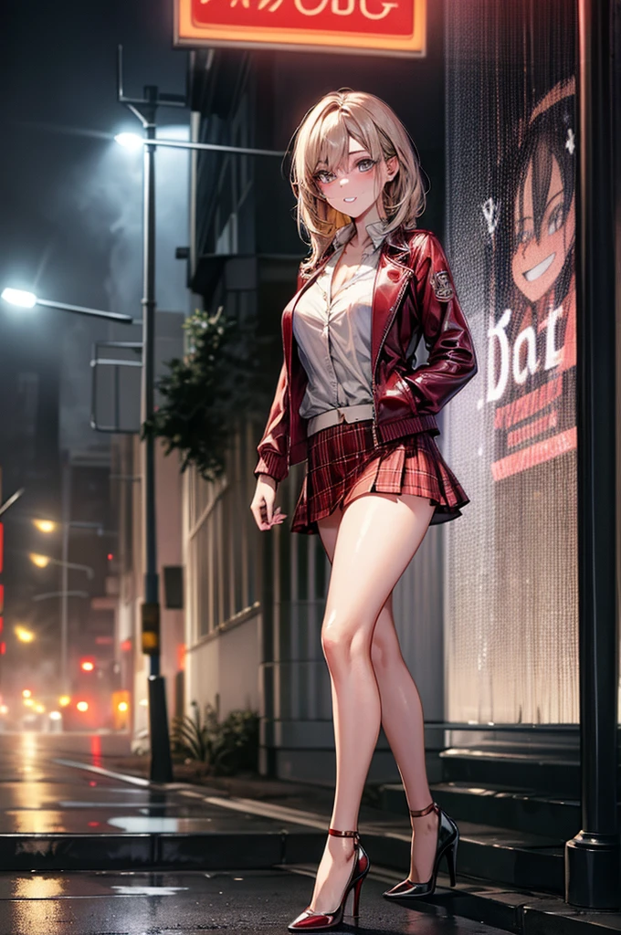 (Biologically correct limb count),Full body, including face,4K,Focus on the masterpiece face,Well-proportioned facial features,Delicate descriptive eyes,One beautiful woman,(Latex shirt,red jacket, red plaid skirt), (Grin), looking at the camera, walking, ((High heels)), (Thick fog all around,Street lights in the morning mist))