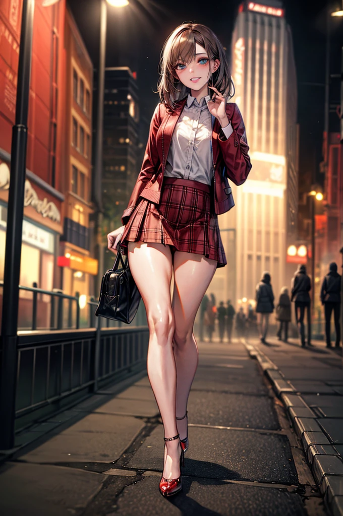 (Biologically correct limb count),Full body, including face,4K,Focus on the masterpiece face,Well-proportioned facial features,Delicate descriptive eyes,One beautiful woman,(Latex shirt,red jacket, red plaid skirt), (Grin), looking at the camera, walking, ((High heels)), (Thick fog all around,Street lights in the morning mist))
