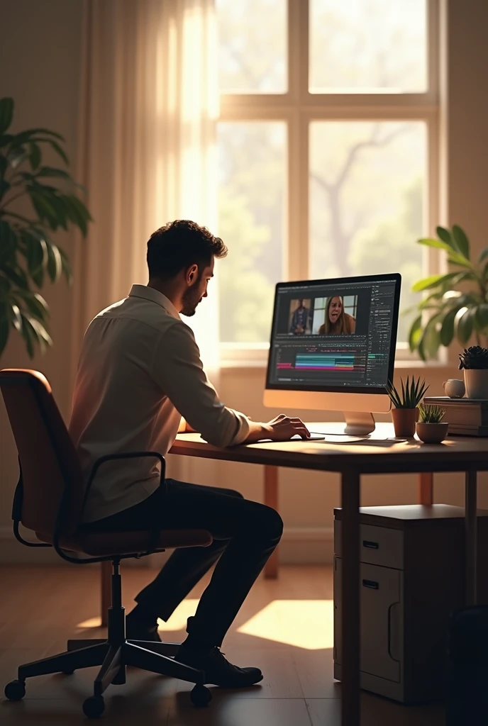 Amorning lighting office  leptop on a table in office room and editing adult movie seen 
