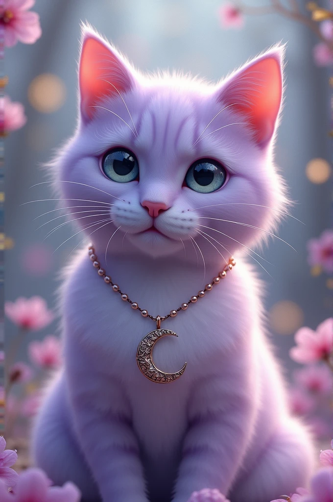 A purple cat wearing a crescent moon necklace