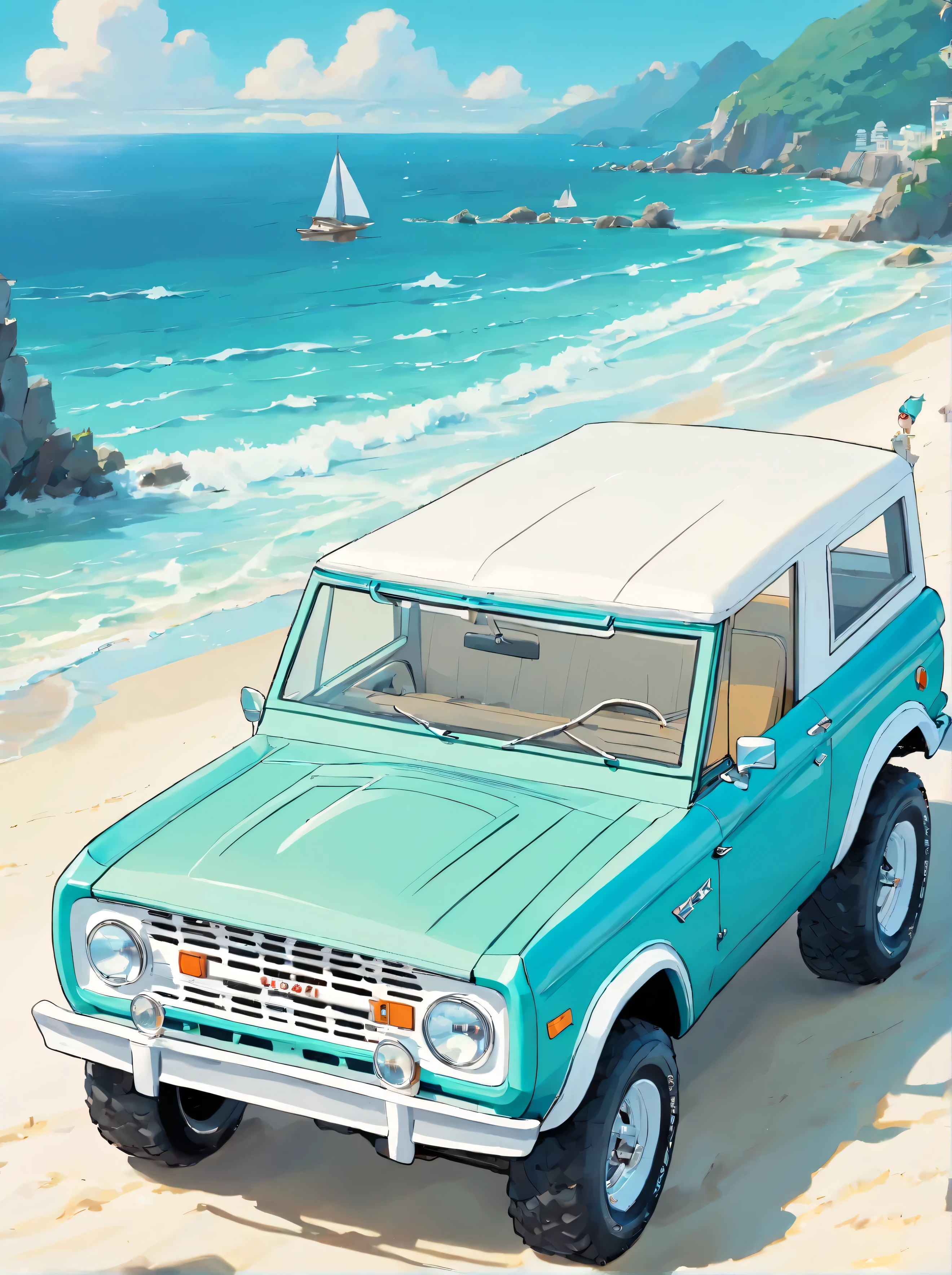 1971 ford bronco, aqua color, with white roll bar, white grill, white wheels and big tires on a beach