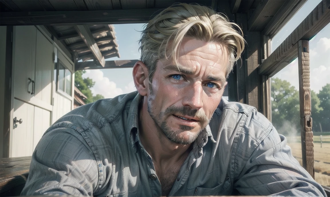 [((highly detailed, detailed eyes, detailed face, clear and realistic facial features, photorealistic, realistic light, cinematic)), (1 man), Mark is a handsome and alluring slender but muscular male farmer father aged 45 with short blond hair and a neat moustache and blue eyes and weathered skin wearing a flannelette shirt, ((sexy southern gay farmer)), ((greying blond hair)), (((weathered mature face))), (((Mark has a seductive smirking look on his face and a slight blush on his cheeks))), ((hints of sweat on skin)), There is a charming yet dusty southern farm in the background, ((sexual undercurrent mood))]