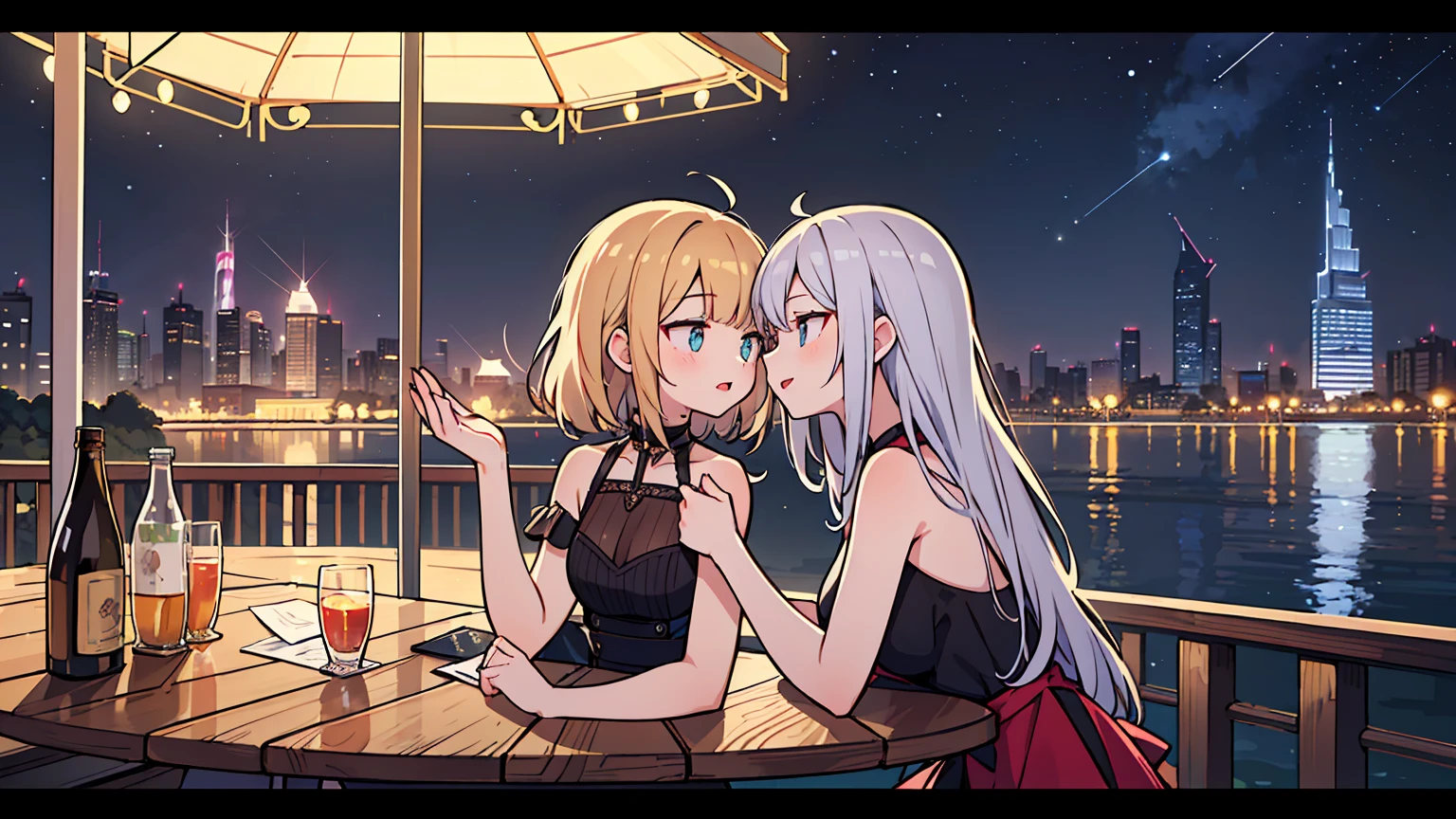 (masterpiece, best quality),2 women, different hair colors, different faces,letterboxed, perfection of fashion,Burton lips, sleeveless,dress,upper body, from the side,On a bench in a park with a lake,Round table ,Sitting on a chair and talking,Neon signs illuminating the night view with the Dubai Tower in sight,