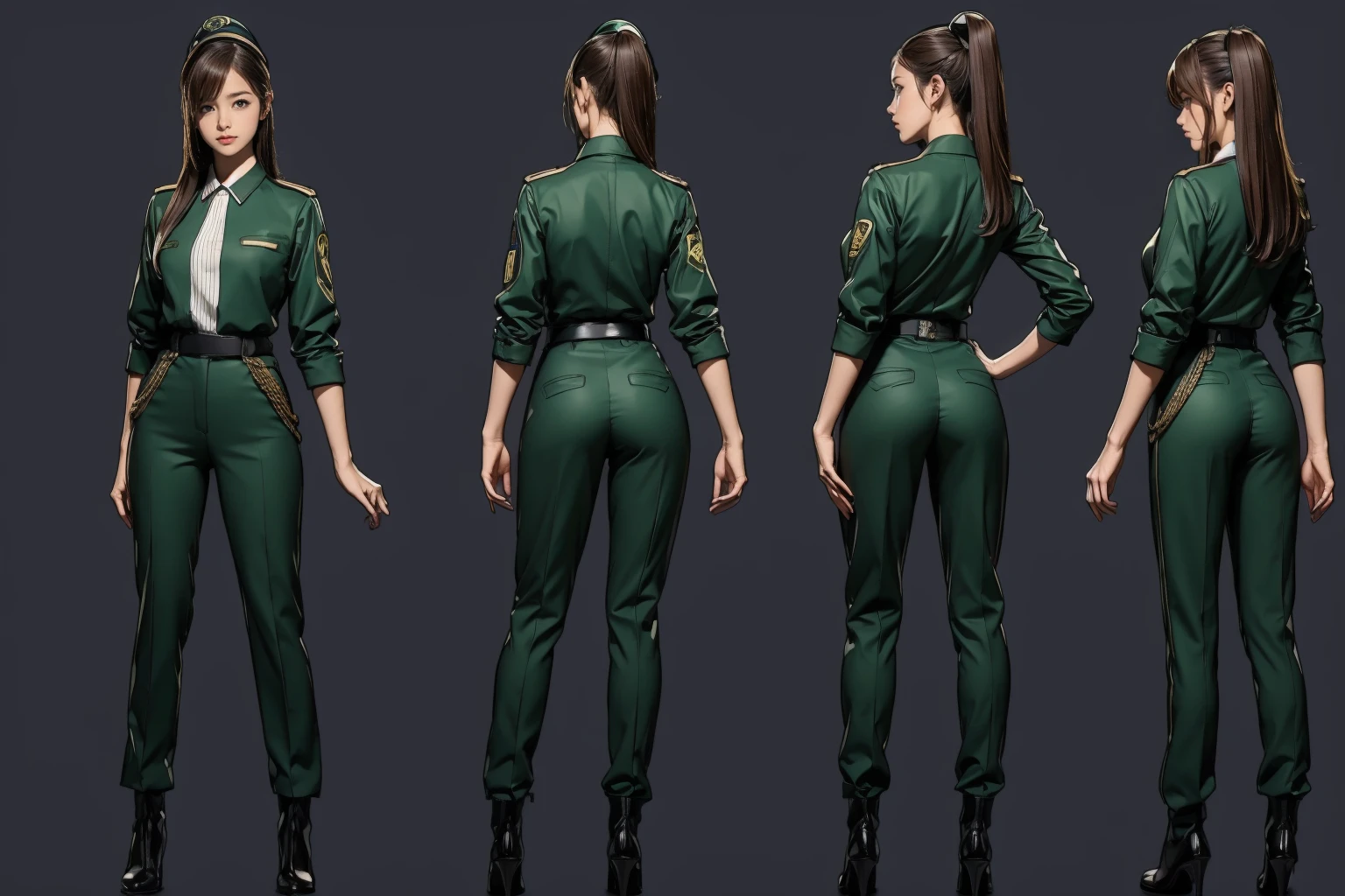 ((masterpiece)),(((Highest quality))),((Reference Sheet, Character Design, front, Rear view, Side view, color々Hairstyle, Facial Expressions)), -yeld gi Cute type, (Very slim:1.4), (Very small ass:1.4), Realistic buttocks, Big Breasts, Short Bob, Thin thighs, Long legs, (A female Earth Federation officer is walking), (Wearing Earth Federation military uniform, Black and green uniform),(Worn by federal government employees&#39;White Hat:1.5)