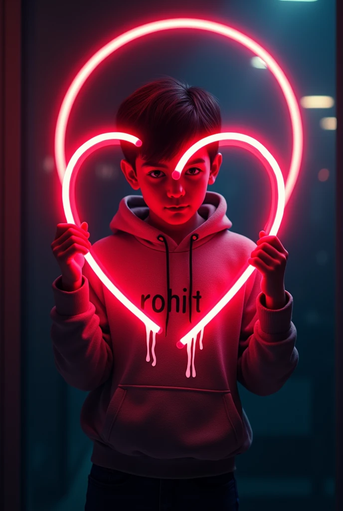 A Boy wearing a hoodie written "rohit", holding a neon sign shaped like a broken heart. The background is dark, and there’s a glowing circular neon light framing the boy's head. The broken heart sign emits a bright red glow, with white drips coming down from it, giving the impression of melting or disintegration. The overall effect is quite striking, with strong visual contrast and emotional symbolism.
