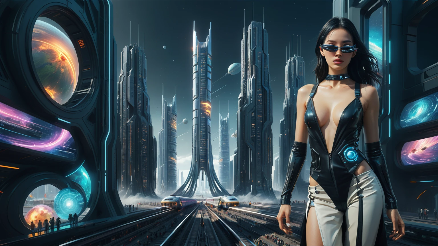 Brightly colored abstract aerial view image of a futuristic railway station with a spiral, a (((((futuristic train))))) passing by, epic beautiful space sci-fi, chaotic cinematic space rift, Greg Beeple, planets colliding, Beeple and Tim Hildebrandt, Beeple and Jean Giraud, end of the universe, galaxy space sci-fi, ringworld, by Mike "Beeple" Winkelmann. Matrix style, (((((Matrix cascading code))))), (((((a futuristic twin tower skyscraper with a unique twisted design))))), (((((OLED GUI interfaces in the building))))), at night, (((((1girl, solo))))), photo realistic, (((large-breast:1.2 body, cleavage))), (((off broken mini sling-shirt and black sling bra, extreamly short pleated miniskirt exposing panty))), (((((running pose))))), (((((((matrix style black micro sunglasses))))))), ((((((((((aiming with a short gun)))))))))), (((((looking at camera))))), (((very low view))), (((((half-body thigh level medium shot))))), (((cinematic lighting))).