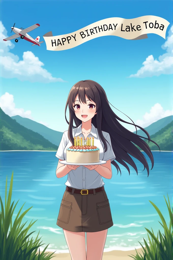 "A beautiful girl stands by the serene shores of Lake Toba, holding a birthday cake with colorful candles. The girl has long, flowing hair, wearing a casual yet stylish outfit that blends well with the natural surroundings. In the background, a clear blue sky stretches over the calm waters of the lake, with lush green hills framing the scene. High above, a small airplane flies with a large banner trailing behind it, displaying the words 'HAPPY BIRTHDAY CATHELYA' in bold, festive letters. The atmosphere is joyful and vibrant, with the girl smiling warmly, celebrating this special moment in a picturesque location."