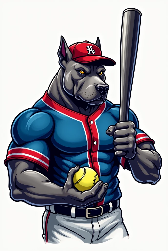 Logo of a muscular pitbull holding a softball in one hand and an aluminum bat in the other, dressed as a baseball player with a blue and red shirt.