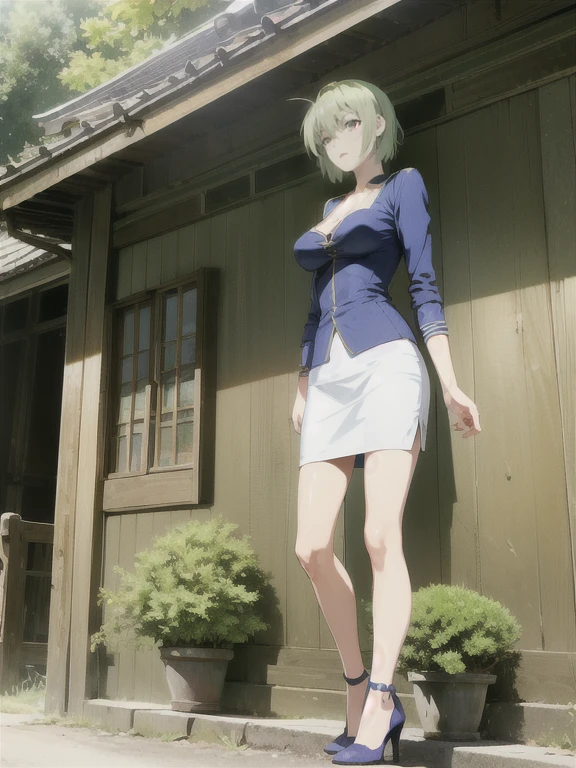 anime、(((Midsummer Afternoon)))、Old house in the countryside、One Woman、Gazing up at the sky from the veranda.、Short Hair、See-through blouse、Blue tight skirt、Hair fluttering in the wind、Green Hair、Full body portrait、Grey high heels、Backlight、Bamboo grove、cumulonimbus、