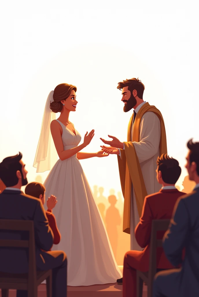 Cartoon pastor blessing a rich man marriage in a white background church with a lot of crowds