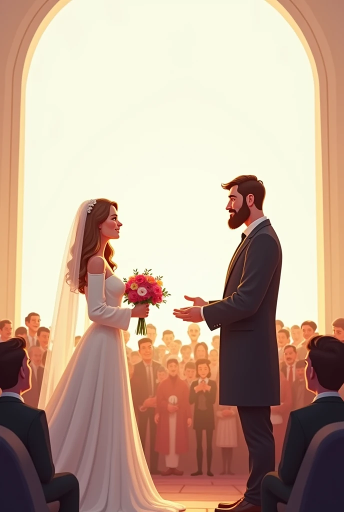 Cartoon pastor blessing a rich man marriage in a white background church with a lot of crowds