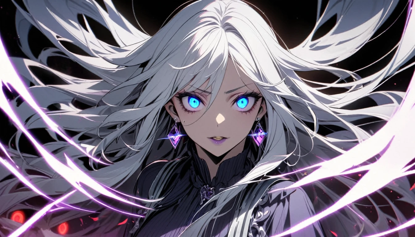 woman, blue eyes, long hair, white hair, mature, god eyes, diamond earrings, glowing eyes, beautiful, creepy eyes, two-color eyes, one blue eye, one purple eye