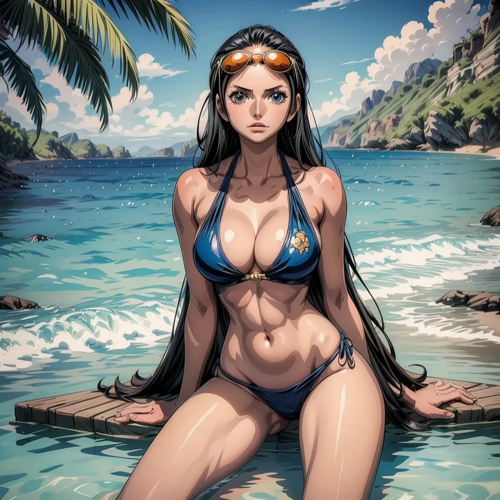 ((best quality, 8K, masterpiece:1.3, ultra-detailed, high resolution, detailed background, cinematic lighting)), Actual, Realistic, detailed eyes, ((Everything is sparkling, reflecting light:1.2)), (Best Ratio: 4 fingers, 1 thumb), (portrait), BREAK, 1 person, Nico Robin ((one piece)), Beautiful woman with perfect body, , Cleavage, Slim waist, Highly detailed facial and skin texture, sexy posing, wearing micro bikini, sunglasses, Lounging in beachwear, Skin wet with sun oil, full-body, dynamic angle, outdoor, beach