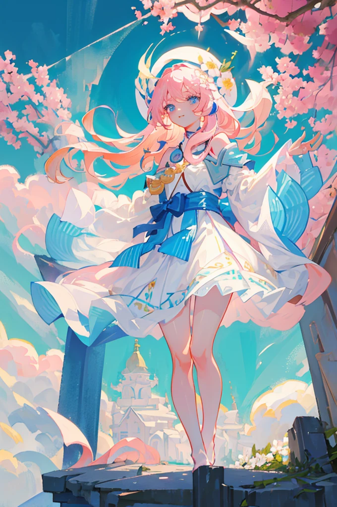((masterpiece,best quality))just 1girl,look at the front horizontally, happy, the whole body,Skin whitening,blue eyes,thin,Thigh length,slender waist, long hair,pink hair,white clother,  outdoors,white hanfu,china style,(off shoulder),Exposed legs,cloudy weather,Trees, flowers, summer,Stone floor ,wide vision,