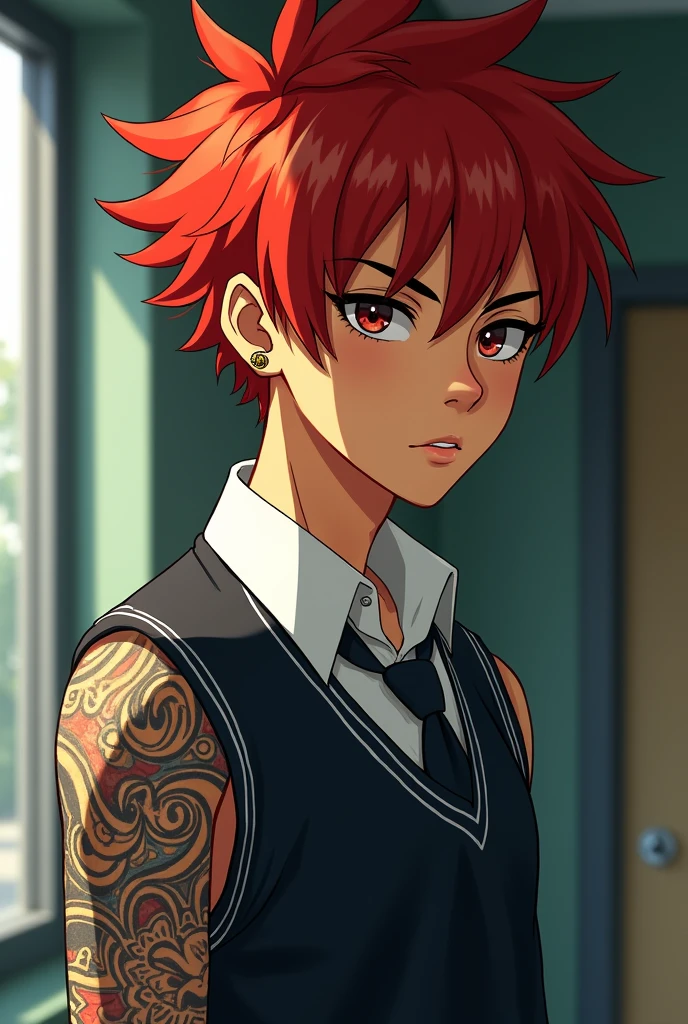 A 17 year old boy, he has red hair,He is brown-skinned,he has a piercing in his eyebrow, he has small eyes,He wears a school uniform and has a tattoo all over his arm.