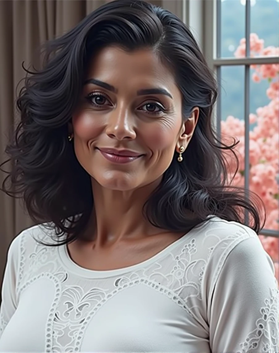 realistic 50 year old Mexican woman in sensual pose on bed, half body pose, detailed skin texture, beautiful facial features, long eyelashes, glossy lips, delicate fingers, elegant body shape, luxurious silk bedding, soft lighting, cinematic composition, vivid colors, photorealistic, 8k, high quality