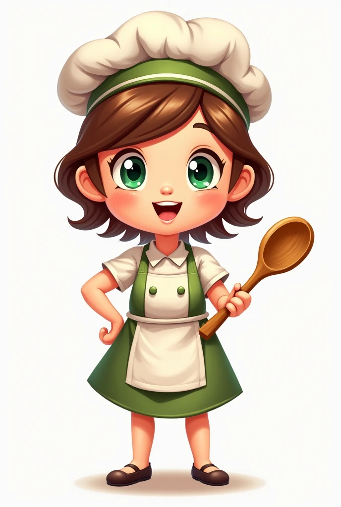 A food logo with a cartoon character of a white female cook, with green eyes and brown hair dressed in a tama with a wooden spoon in her hand