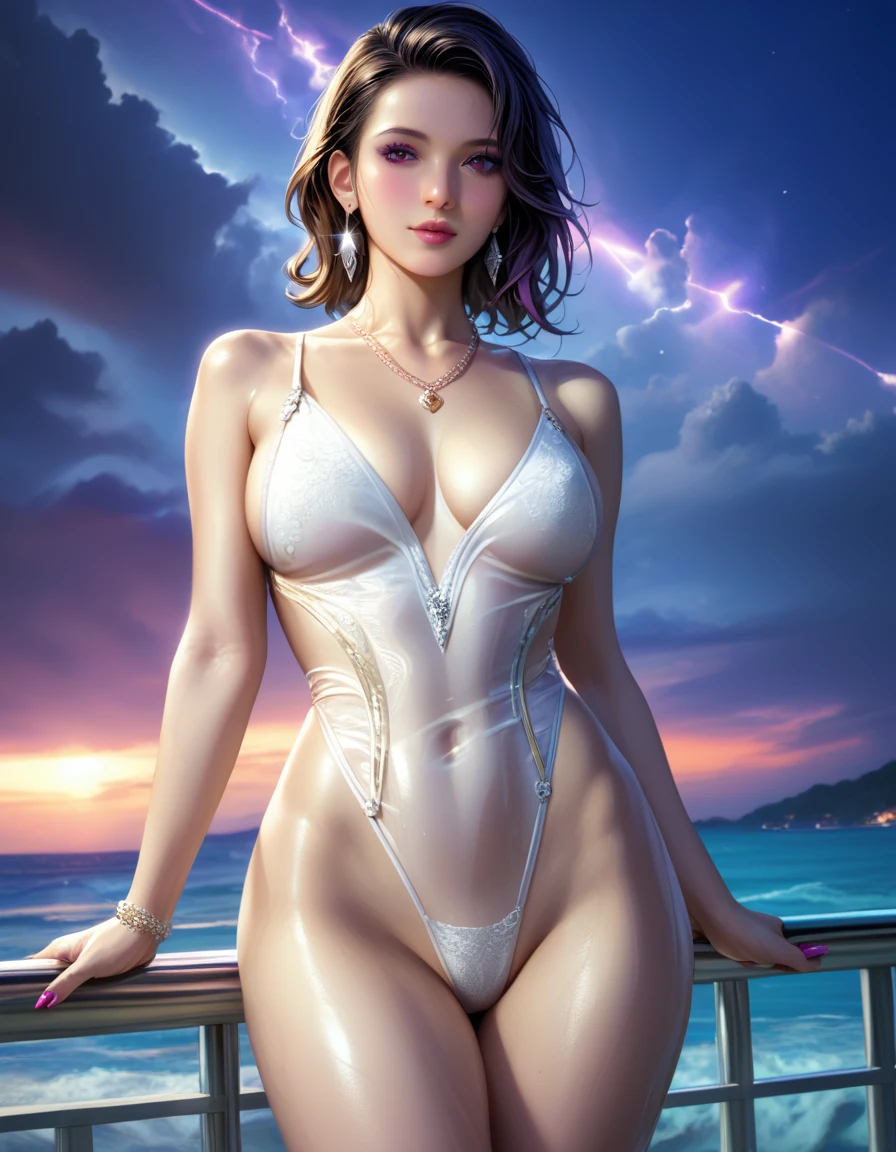 score_9, score_8_superior, score_7_superior, High resolution 3D anime style,A masterpiece in 32K resolution,Highest quality,it is really amazing,Very detailed,Ultra-high resolution,Ultra-realistic,Realistic,Increased depth of field,Cinematic lighting,
Elegant mature Japanese woman,
black straight medium hair,Ultra-detailed and beautiful face,Calm expression,Translucent white skin,Realistic skin texture,Great proportions,
Sexy high leg dress swimsuit,
Luxurious design,Chic color patterns,Beautifully detailed decoration,Detailed fabric texture,
Gorgeous necklace,Earrings,
Dark skies before the storm,Dark clouds covering the dark sky,Thunderclouds rolling in,Coastline at night,Stormy seas,delay々A desolate sandy beach that continues,
Dramatic Angle,