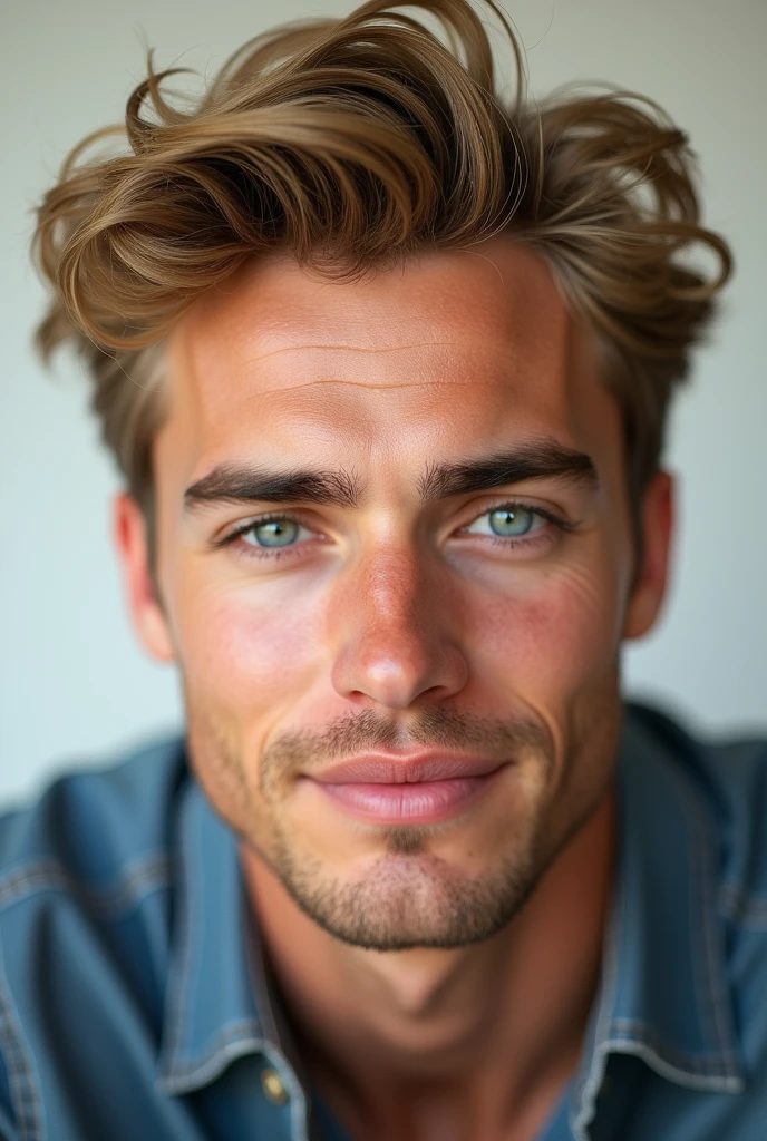 28 years old man with blue eyes, short wavy blond hair