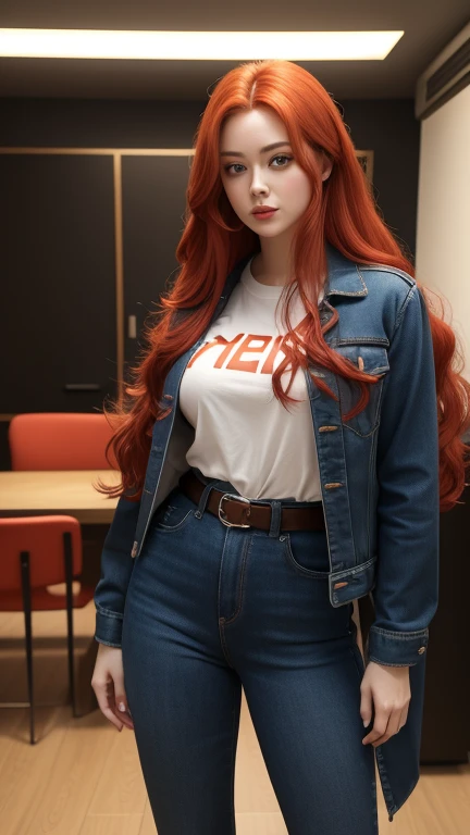 Adult female,Full body suit Perfect facial,Big breasts, perfect face, woman with long red hair and very long red hair, wearing orange t-shirt, curvy body,red lips,Standing in the middle of the room , green eyes, super long red hair with very super long red hair, wearing black jeans with red belt, proportions high and good of anime figure,ultra detailed, cinematic lighting , perfect face, wearing blue jacket