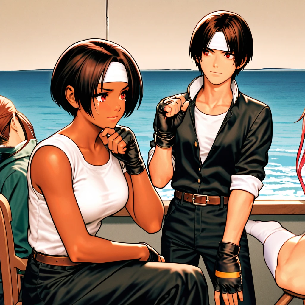 female,crying,wiping tears,short hair,dark hair,dark skin,red eyes,(black jacket with rolled up sleeves),fingerless gloves,white T-shirt,(white headband),black pants,white shoes,brown belt,cute,indoor party,charm points charm points,ocean view,slightly large breasts, outdoor,high quality,cool,confident face,terrace classmates (girl and boy),curious,after breakup,sitting on chair