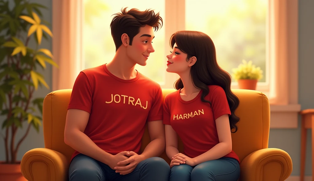 A handsome boy is sitting on a chair wearing a red t-shirt with JOTRAJ written on his belly a beautiful girl is sitting next to him also sitting on a chair wearing a red t-shirt and HARMAN written on her belly and both are looking eachother with love 