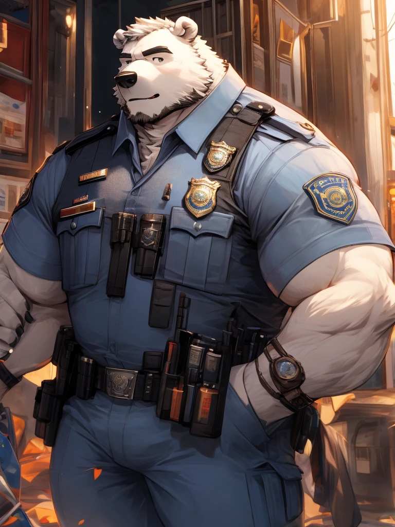 Furry, polar bear, man, fit, police officer