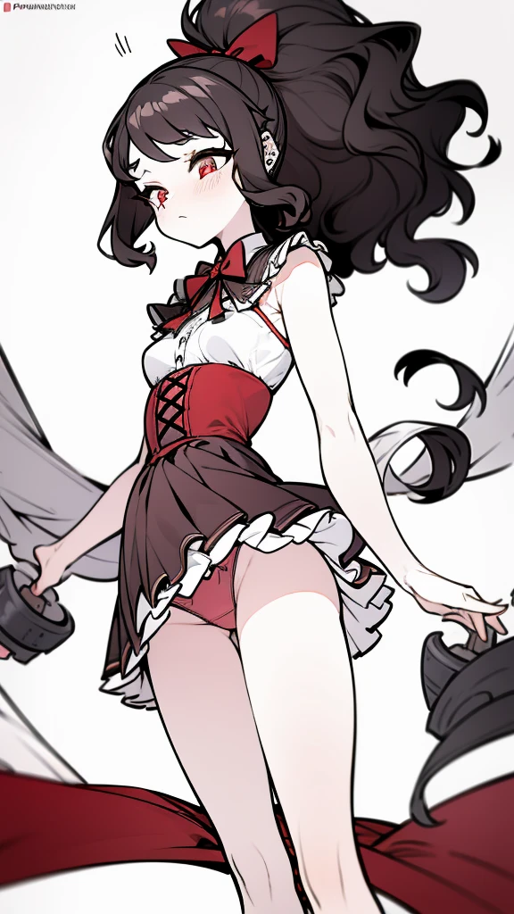 using pantimedies, wavy black hair, piercing look with deep red eyes, average stature, Silky hair with a ponytail hairstyle collected with a red bow with two white lines, with clothes, has a vagina, has breasts, cup of breasts, small breasts, slim, foreground, Session, sitting in her room, standing in his room, wearing pantyhose, using pantimedies, Picardias, short skirt, shoes, blouse with straps, blush, opening her legs making her panties visible, open legs, perfect white panty, Skirt fluttering in the wind, grabbing the skirt with both hands, from below, chubby thighs, big thighs, big ass