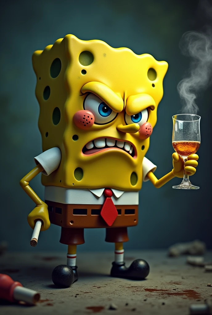 Spongebob hold alcohol one glasses and angryface and one hand is hold cigarette and smoking