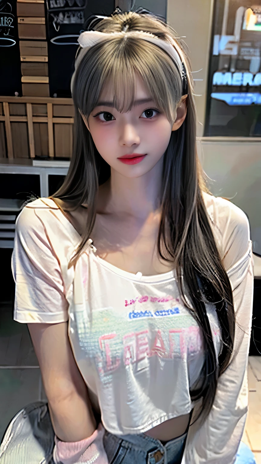I am a 19 year old girl, Slightly larger buttocks, Long, straight hair, ((Hair Detailed)) (face detail), round face, laugh, masterpiece, high resolution, ((skin detail)), (face detail), (Hair Detailed)), large target , Innocent Girl, face, soft girl, beautiful breasts, pale skin, realistic lighting, (((Off-the-shoulder clothing))), (casual wear), cute hair accessories, showing division, (Wearing an oversized t-shirt), Ultra HD, surreal, full hd,
