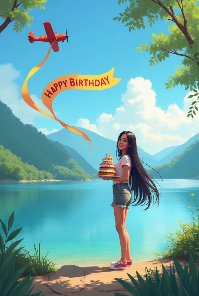 "A beautiful girl stands by the serene shores of Lake Toba Indonesia n, holding a birthday cake with colorful candles. The girl has long, flowing hair, wearing a casual yet stylish outfit that blends well with the natural surroundings. In the background, a clear blue sky stretches over the calm waters of the lake, with lush green hills framing the scene. High above, a small airplane flies with a large banner trailing behind it, displaying the words 'HAPPY BIRTHDAY CATHELYA' in bold, festive letters. The atmosphere is joyful and vibrant, with the girl smiling warmly, celebrating this special moment in a picturesque location."