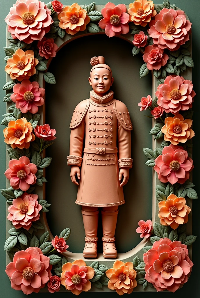 Q version of Terracotta Army，background love flower wall，Colorful frame，show「Green bean mother, I love you」