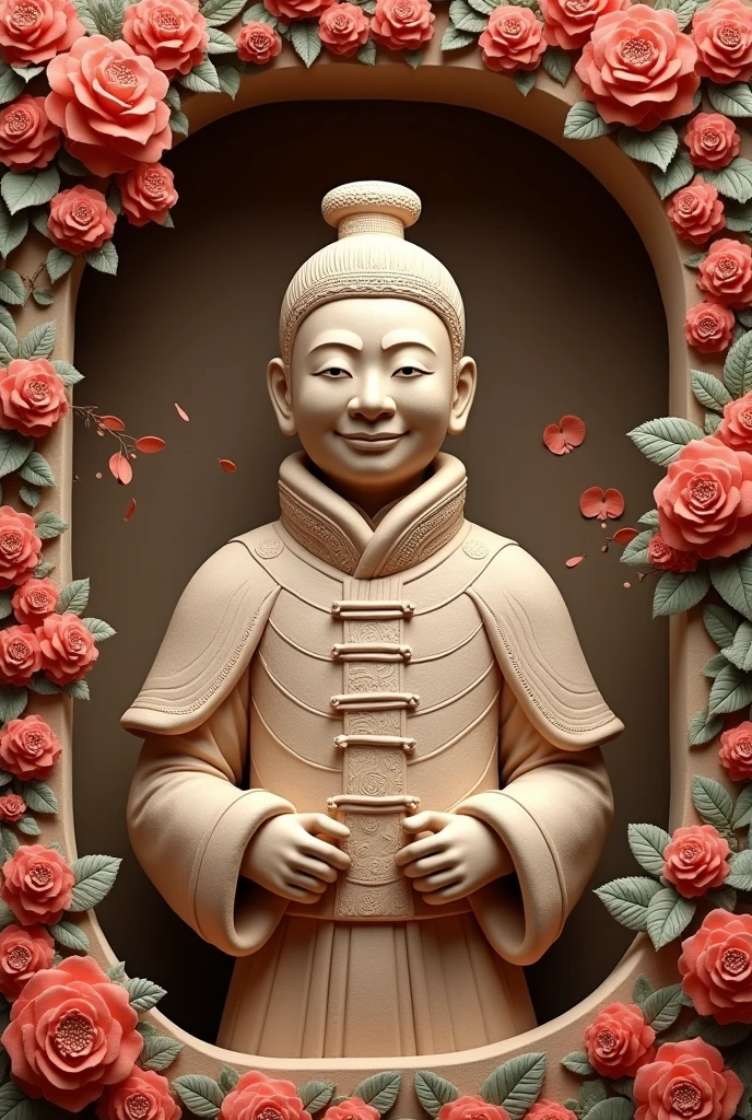 Q version of Terracotta Army,background love flower wall,Colorful frame,show「Green bean mother, I love you」