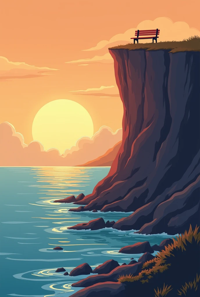 The picture shows a scenery in simple comic style. You can see a long cliff that protrudes from the right into the picture and towers over a sea. Below the cliff you can see a reef with water which can be seen in an autumn sunset. A bench stands a little further away from the edge of the cliff..