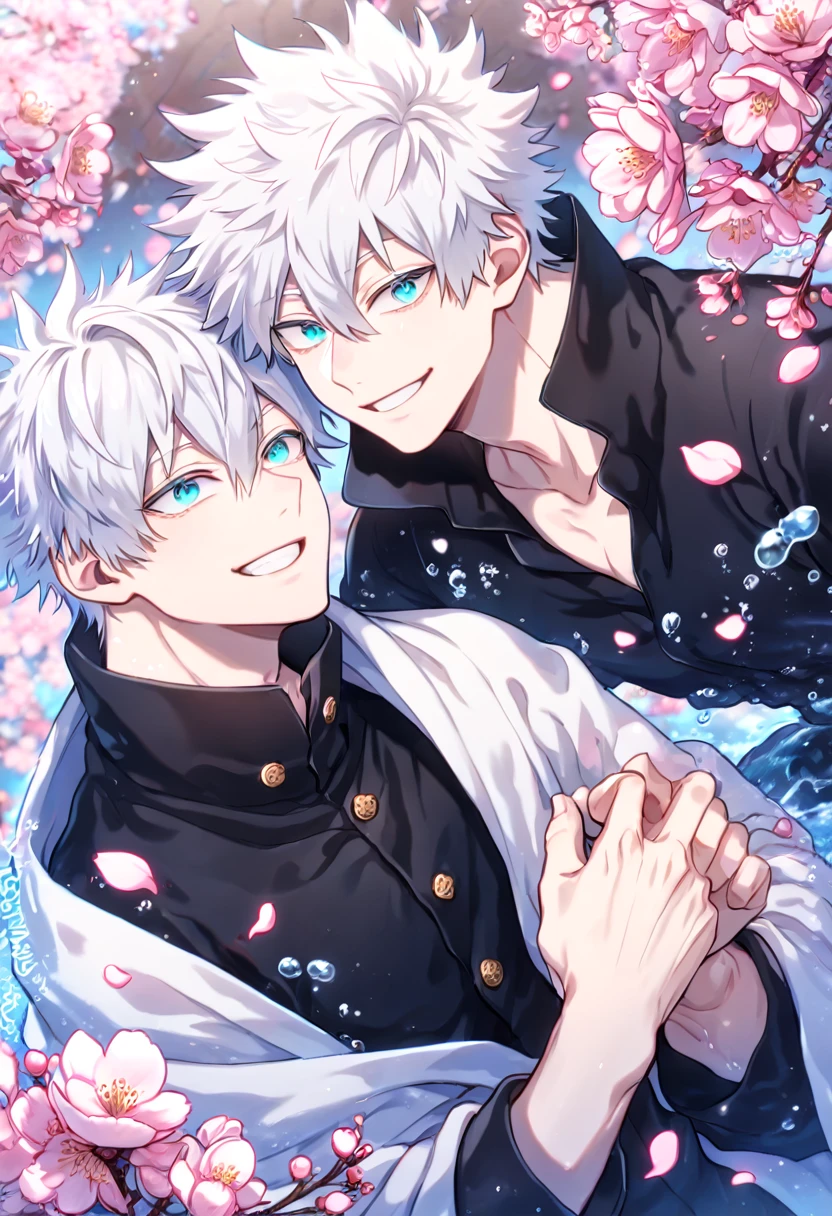 absurdres, highres, ultra detailed, HDR, master piece, best quality, extremely detailed face, delicated features, Gojou Satoru, white hair, expressive blue eyes, white eyelashes, Boku No Hero Academia, Todoroki Touya, white hair, spiked hair, hair with bangs, hair between the eyes, expressive turquoise eyes, two sexy men together, yaoi, gay couple, handsome, manly man, smiling, black coat, white coat, fantasy, magical, cherry blossoms, pink flowers, pink birds, pink petals, water, Jujutsu Kaisen