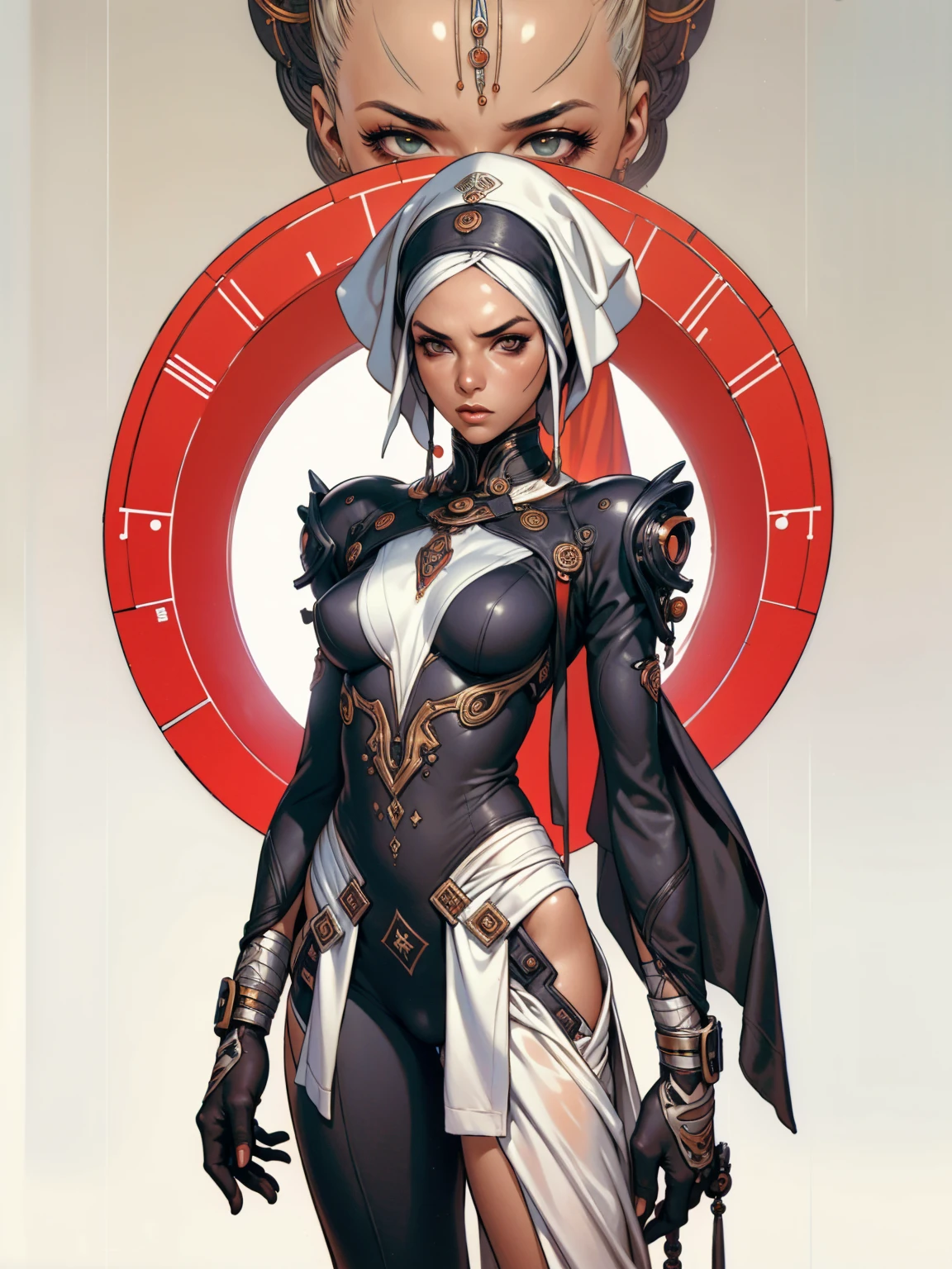 (((Annie Lennox))), ((( nun suit ))), (((Bandaged body))), ((high collar)), (((black with red details))), (((best qualityer: 1.4))), (Unbeatable masterpiece), (hiper HD),(CG 8k hyper-realistic), (((brave face))), (((breasts big))), (((hyper feminine))), sexly girl, Tron,（black bob hair)), ((( sculptural body ))), (((1 Kizi))), Kizi cibernética de 25 anos com perfectbody,,Beautiful and well-groomed face,muscular body:1.2,solid color detailed jacket, (Head to thigh photos)， Complex equipment, green dark，Long pants，Tight clothes are dark，With white stars and off-white stripes,,,,,Armor Metal Electronic Parts, Poison tattoos ) INFO, Kizi, (((standing alone))), pirralha violent, (((***))), sexly, pose de atitude, work of art, post-apocalypse, (((manga style))), bounty hunter, violent, Manic, the way you want, slenderbody, thin but strong, perfectbody, roupa moderna, advanced technology, neon, sleeves with vertical striped pattern, neutral background, (( cowboy shot )). intricate visual