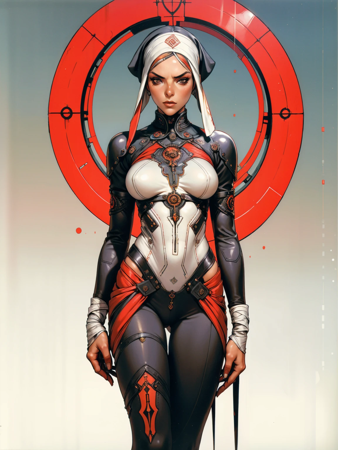 (((Annie Lennox))), ((( nun suit ))), (((Bandaged body))), ((high collar)), (((black with red details))), (((best qualityer: 1.4))), (Unbeatable masterpiece), (hiper HD),(CG 8k hyper-realistic), (((brave face))), (((breasts big))), (((hyper feminine))), sexly girl, Tron,（black bob hair)), ((( sculptural body ))), (((1 Kizi))), Kizi cibernética de 25 anos com perfectbody,,Beautiful and well-groomed face,muscular body:1.2,solid color detailed jacket, (Head to thigh photos)， Complex equipment, green dark，Long pants，Tight clothes are dark，With white stars and off-white stripes,,,,,Armor Metal Electronic Parts, Poison tattoos ) INFO, Kizi, (((standing alone))), pirralha violent, (((***))), sexly, pose de atitude, work of art, post-apocalypse, (((manga style))), bounty hunter, violent, Manic, the way you want, slenderbody, thin but strong, perfectbody, roupa moderna, advanced technology, neon, sleeves with vertical striped pattern, neutral background, (( cowboy shot )). intricate visual