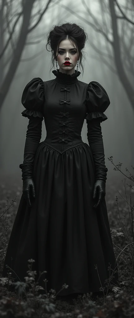  19 century setting, drama, stockings with garters:1.4, stuck in bog,detailed short dress, closed dress, high-neck dress, aristocratic cut, red lips, goth, aristocratic behaviour