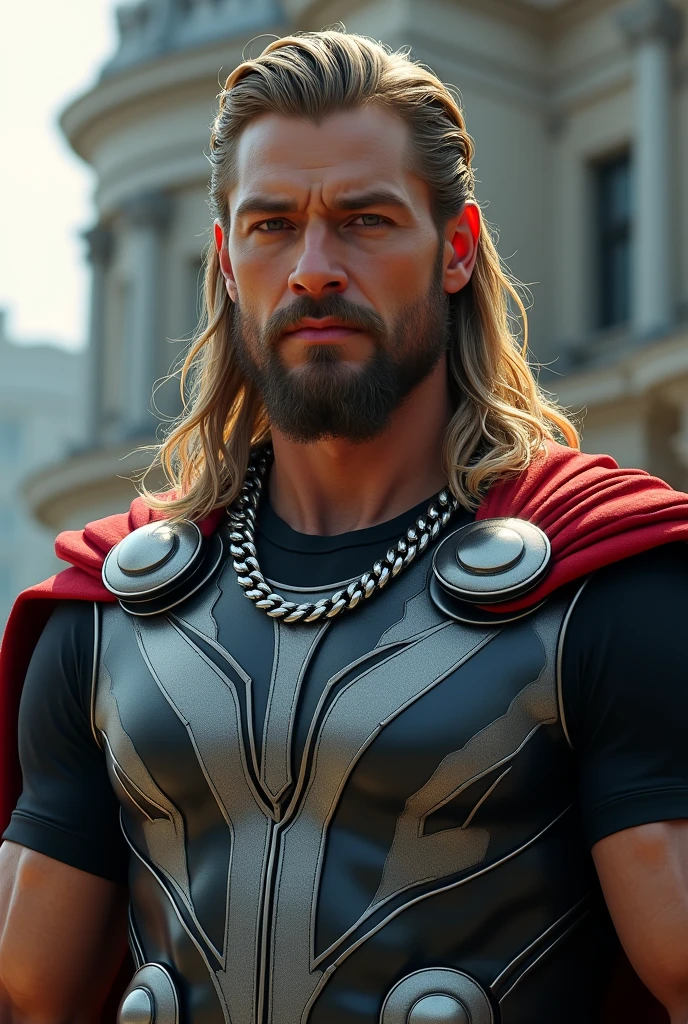 (realistic, 4k Quality) , " Thor looks glossy and wearing silver chain and hip hop t shirt