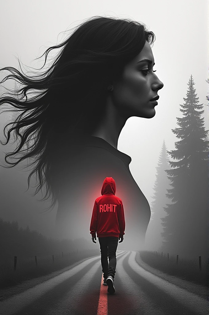 A woman’s silhouette with flowing hair overlays a grayscale scene. The backdrop features a road flanked by tall trees. Within the silhouette, a boy dons a red hoodie written "ROHIT", walking purposefully down the center of the road. The contrast between the monochromatic background and the vivid red creates a powerful visual. It evokes a sense of journey, mystery, and perhaps transformation