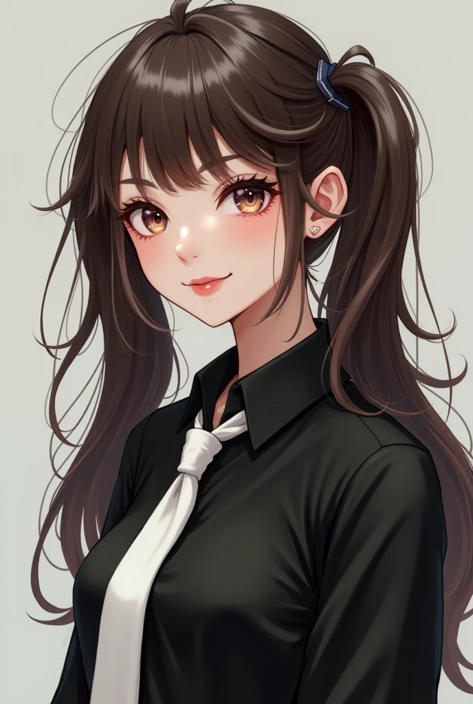 a girl, with long brown hair and pigtails with a light streak with a black outfit and a white tie style